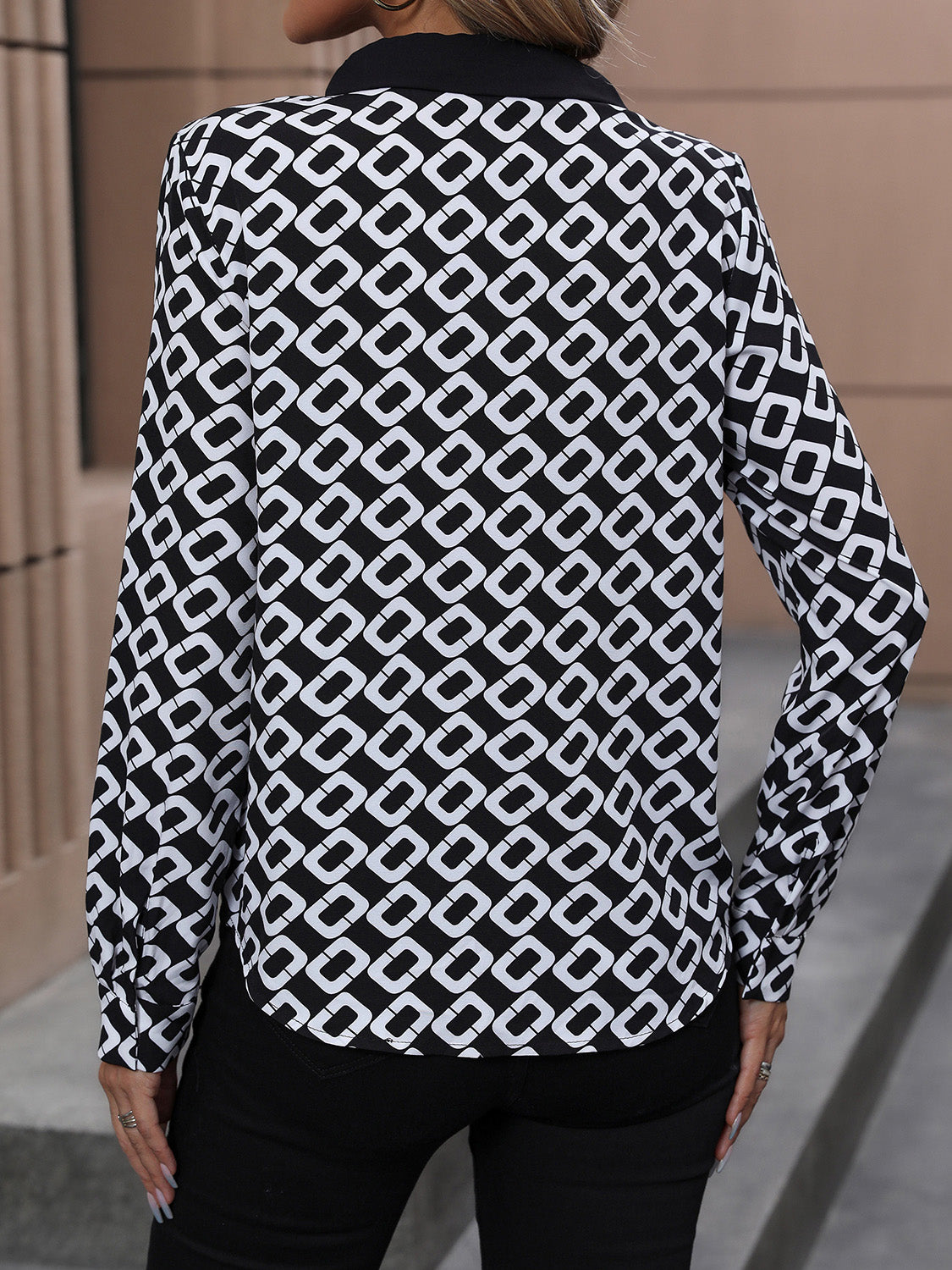 Perfee Printed Collared Neck Long Sleeve Shirt