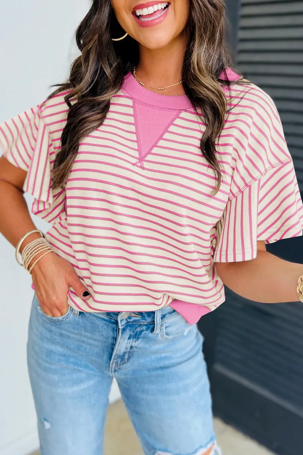 Striped Flounce Sleeve Casual Blouse Dusty Pink