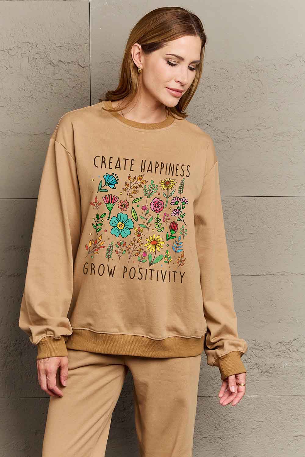 Simply Love Full Size CREATE HAPPINESS GROW POSITIVITY Graphic Sweatshirt