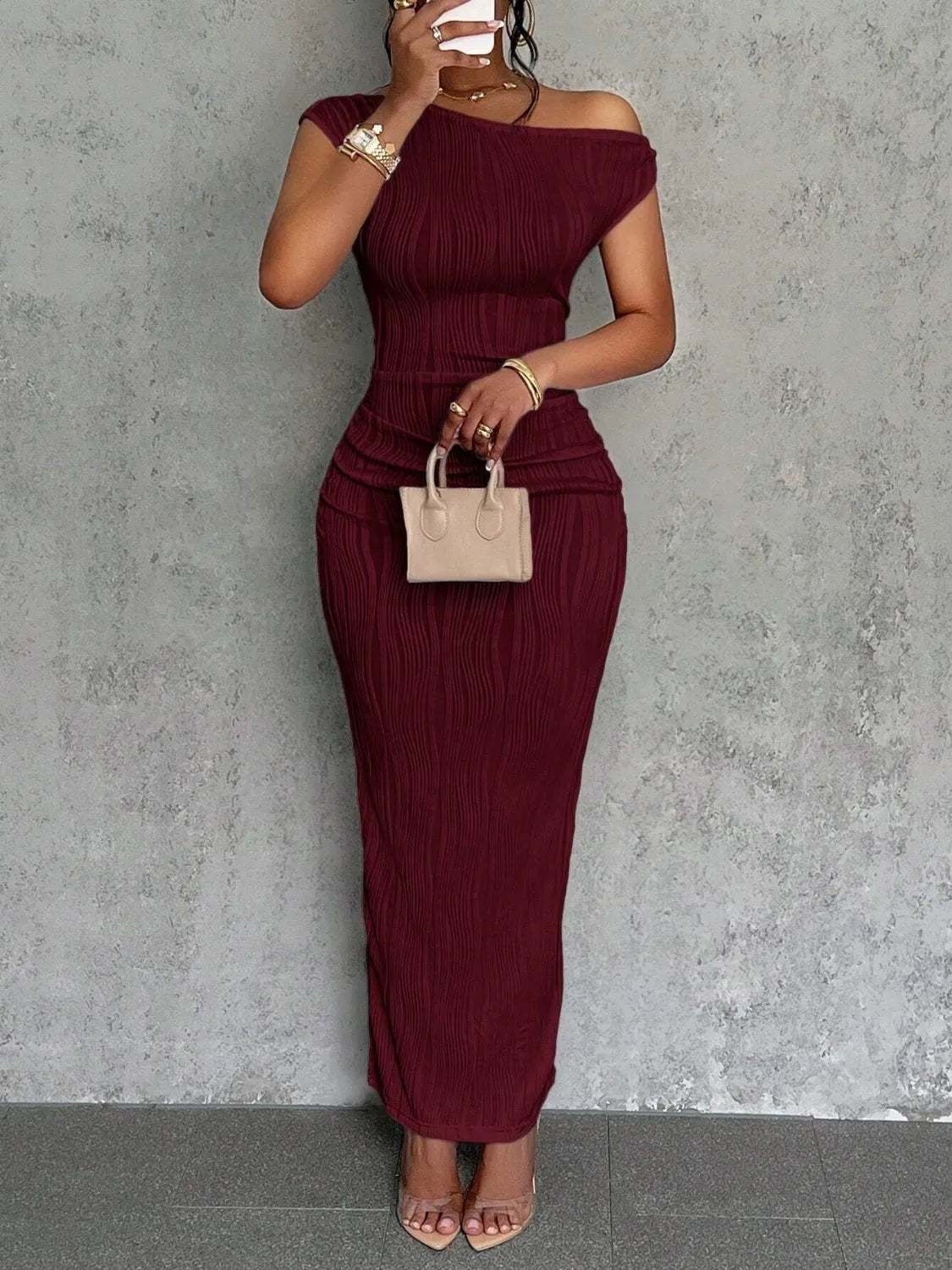 Textured Single Shoulder Maxi Dress Burgundy