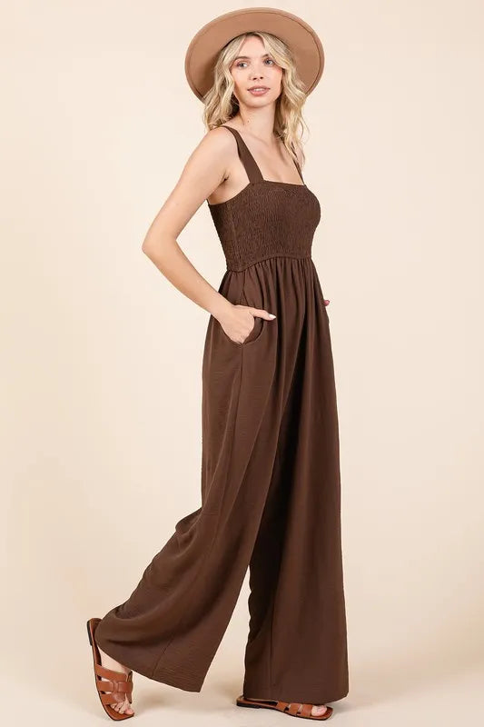 Mittoshop Smocked Wide Strap Wide Leg Overalls