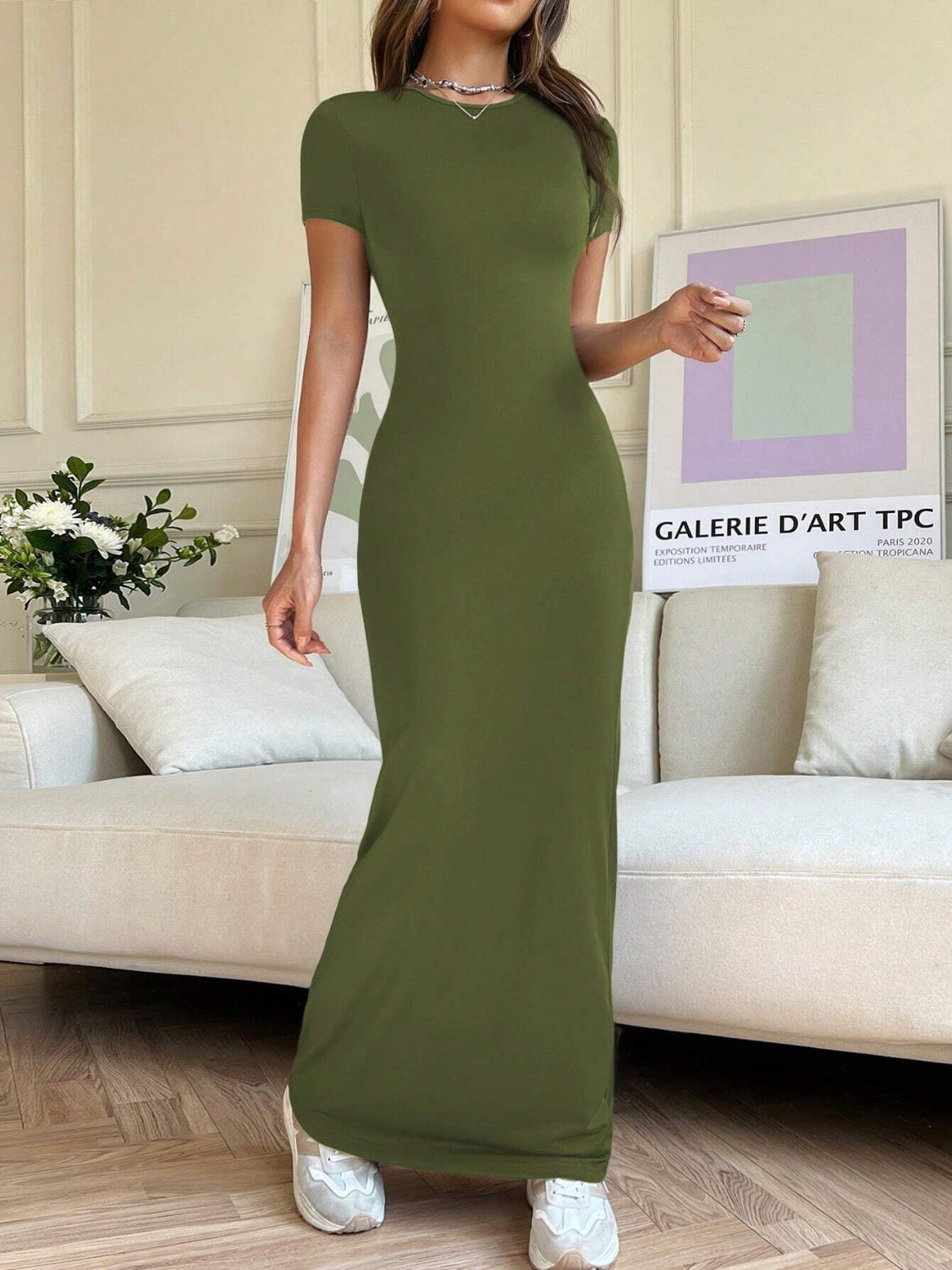 Short Sleeve Maxi Tee Dress Moss