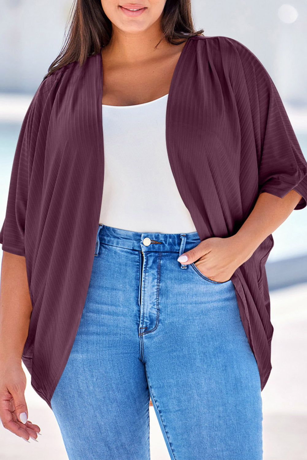 Plus Size Ribbed Cocoon Cover Up Deep Purple