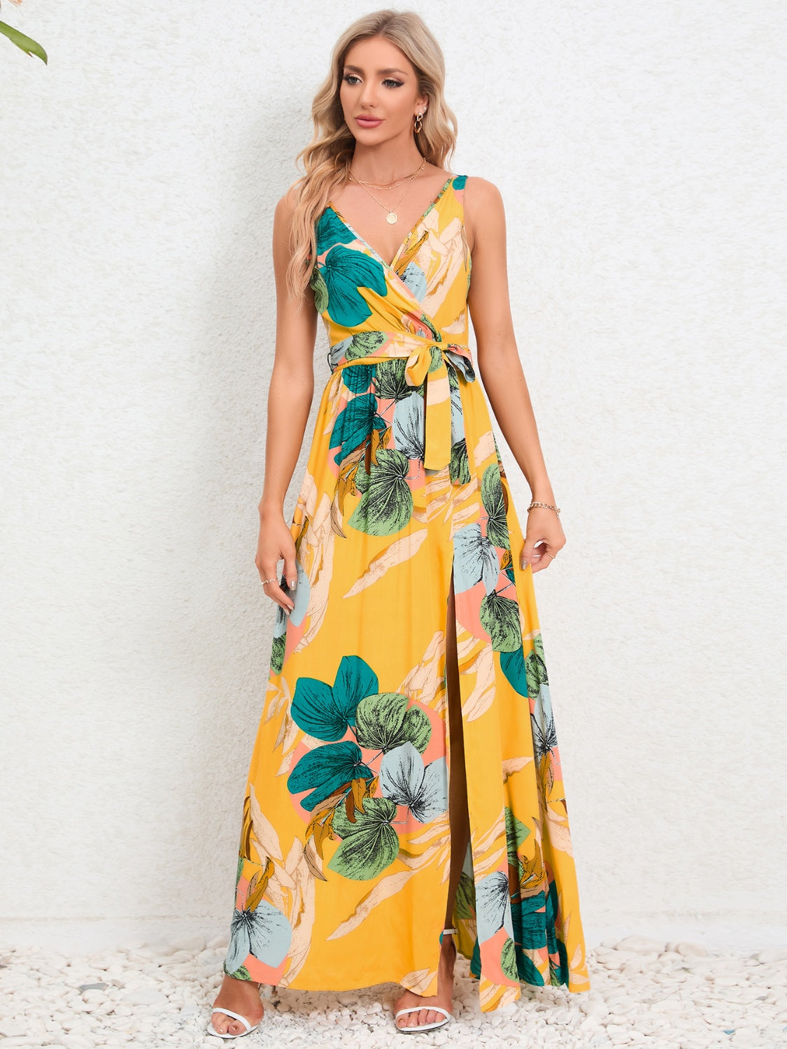 Slit Tied Printed Surplice Dress Gold