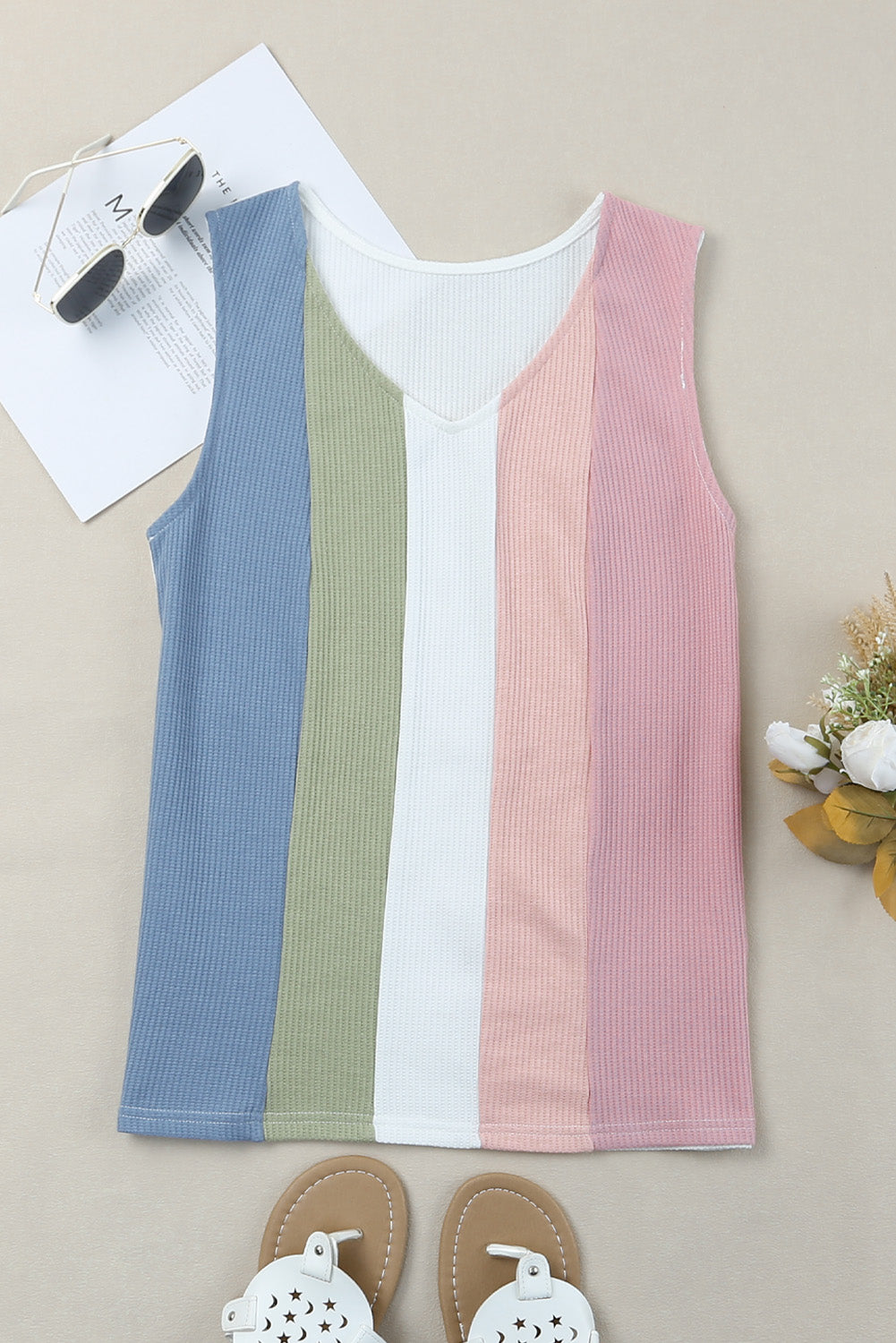 Multicolored Striped Waffle-Knit Sleeveless Tank Pink Sky Blue
