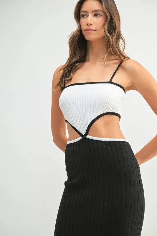 MABLE Ribbed Knit Color Block Cutout Midi Dress