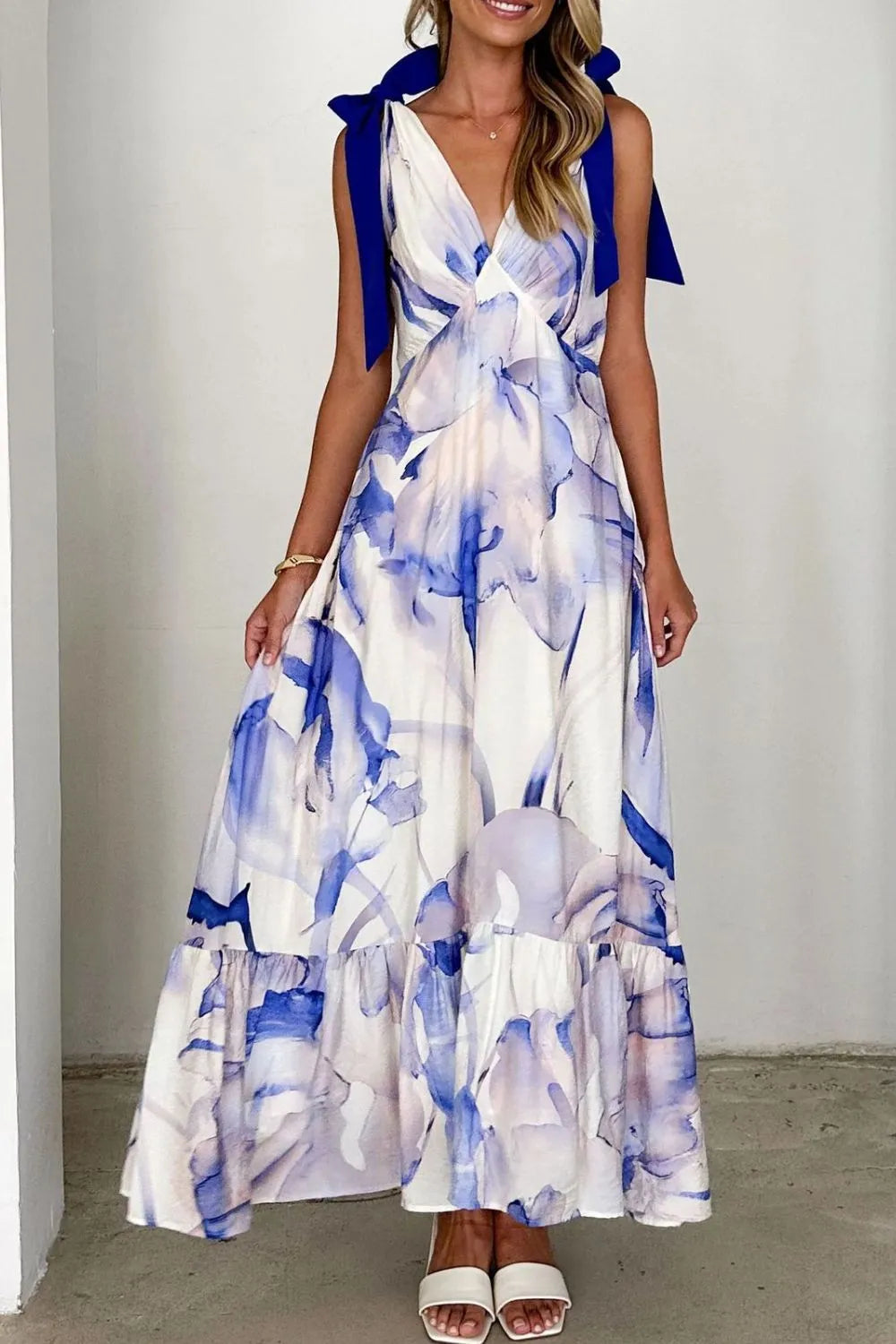 Printed V-Neck Tie Shoulder Midi Cami Dress
