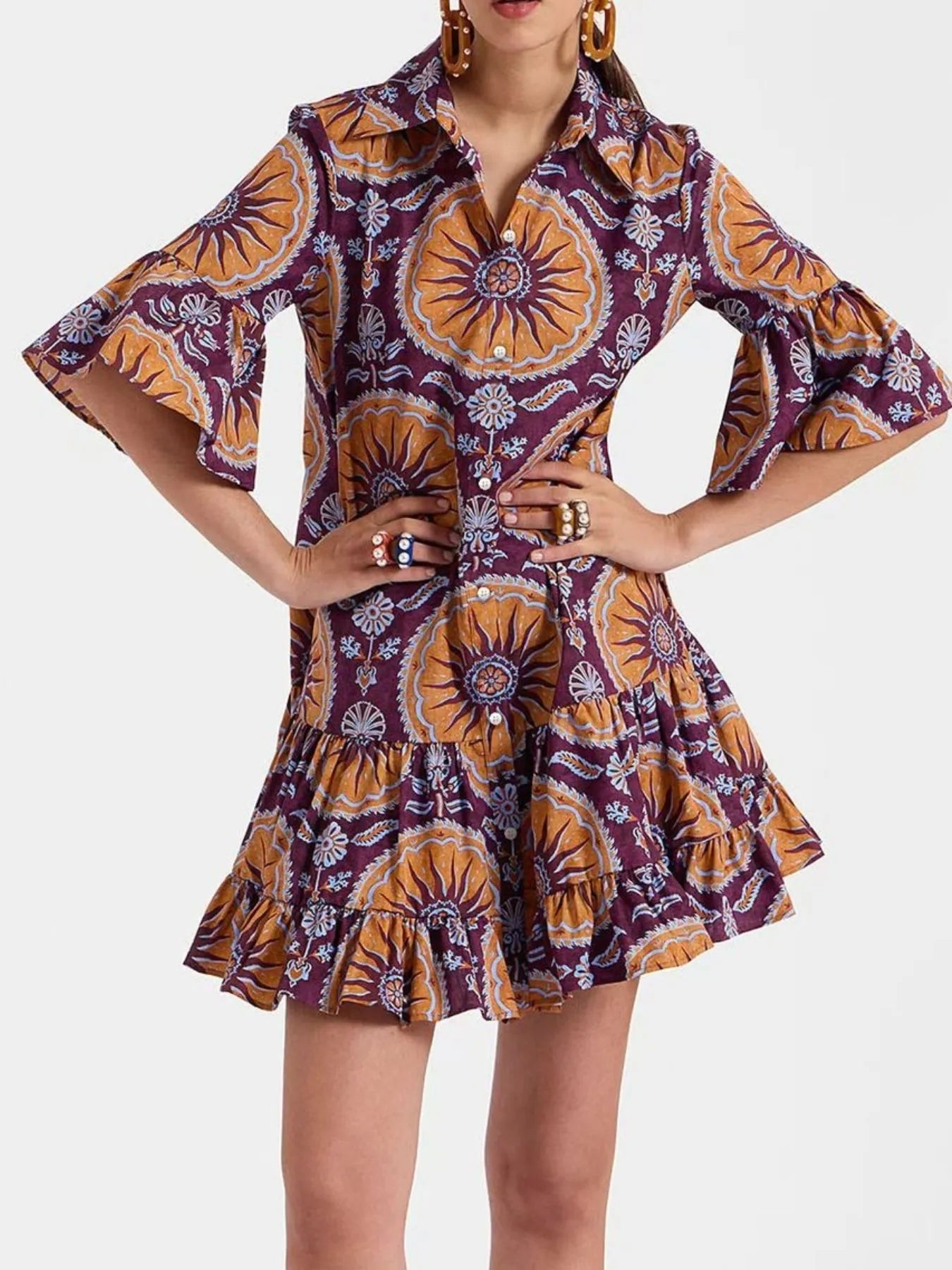Floral Print Ruffle Sleeve Mini Dress Purple