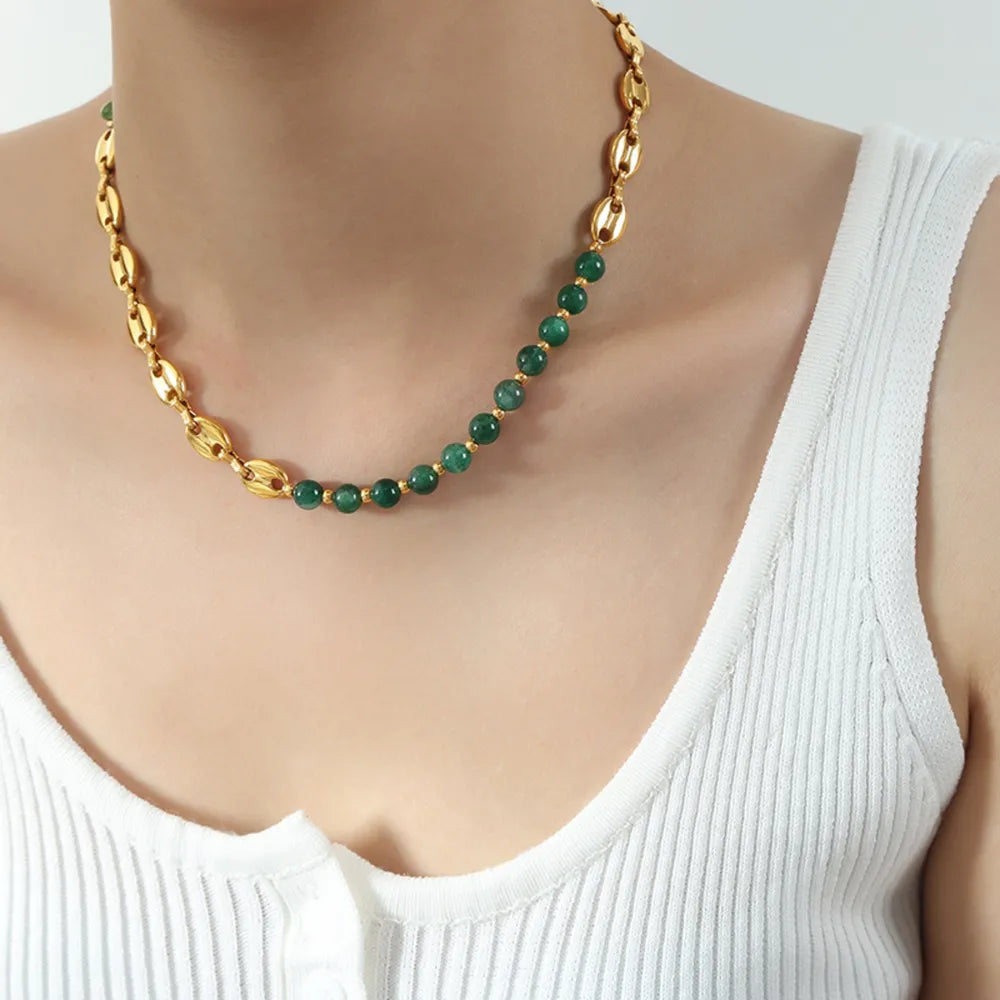 Beaded Titanium Steel Necklace Dark Green One Size