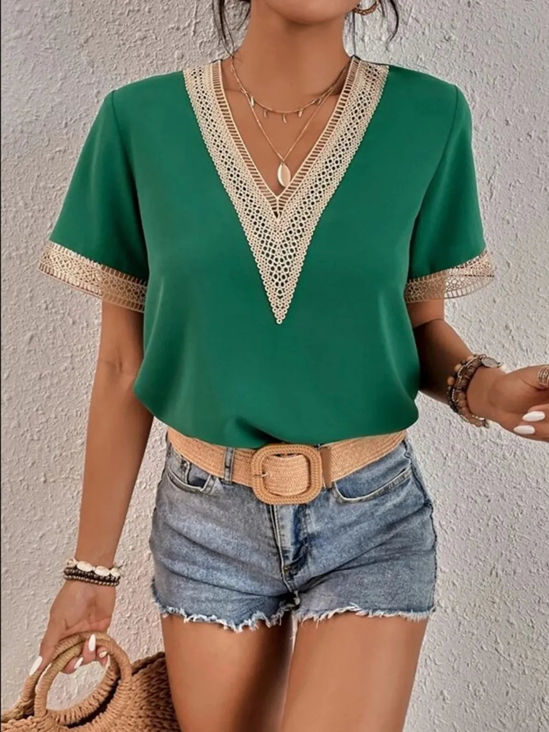 Full Size V-Neck Short Sleeve Blouse Plus Size Dark Green