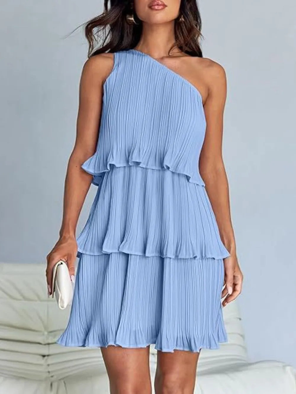 Layered Single Shoulder Mini Dress Light Blue