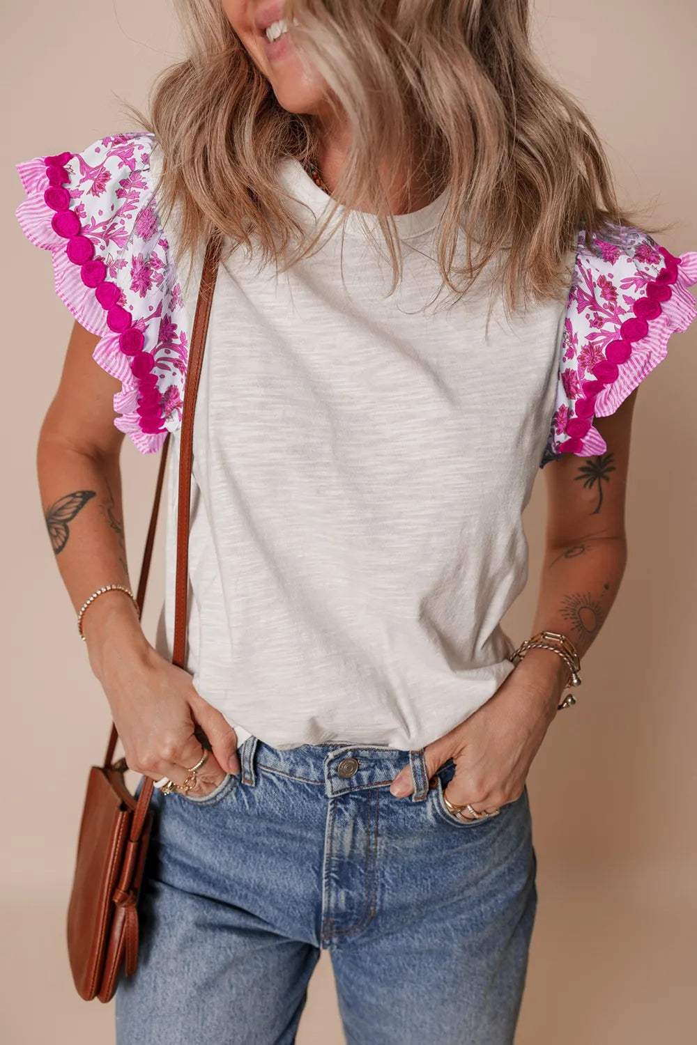 Ruffled Round Neck Cap Sleeve Blouse Fuchsia Pink