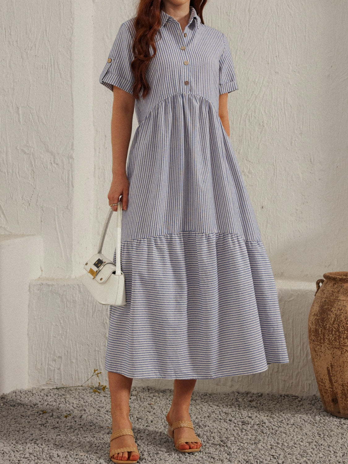 Striped Collared Neck Short Sleeve Dress Gray