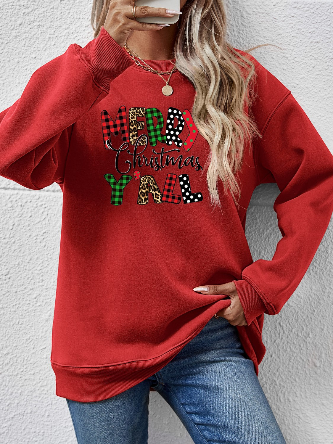 Letter Graphic Round Neck Long Sleeve Sweatshirt Deep Red