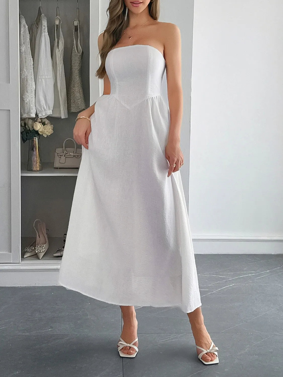 Strapless A-Line Midi Dress with Pockets White