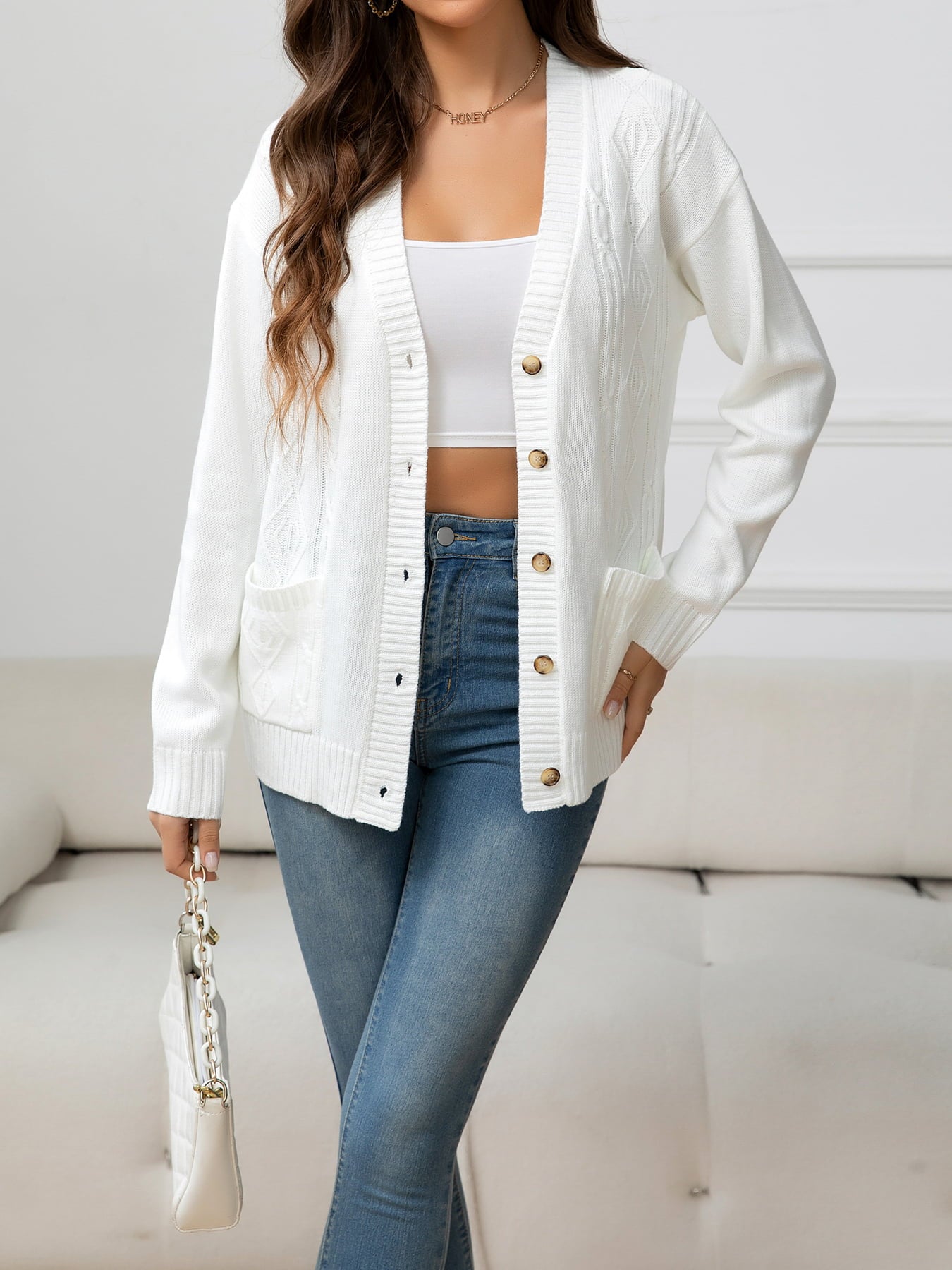 V-Neck Long Sleeve Buttoned Knit Top with Pocket White