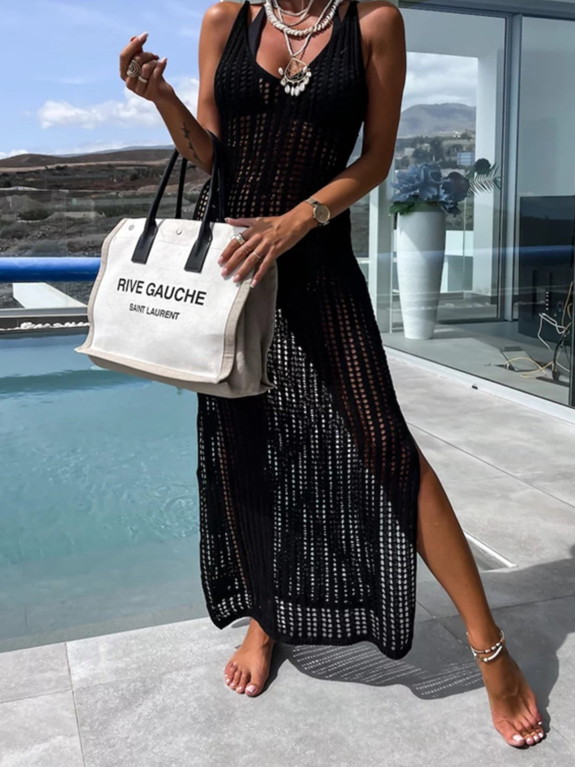 Openwork Slit Cutout Wide Strap Dress Black