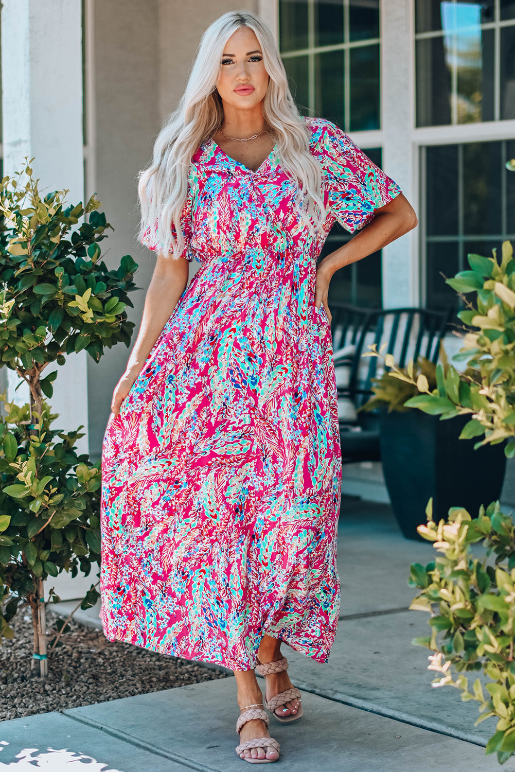 Multicolored V-Neck Maxi Dress Hot Pink