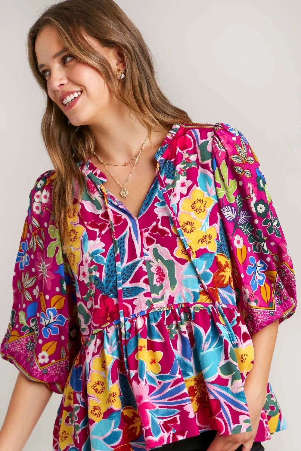 Umgee Full Size Floral Print Tie Neck Peplum Blouse Plus Size MULBERRY MIX