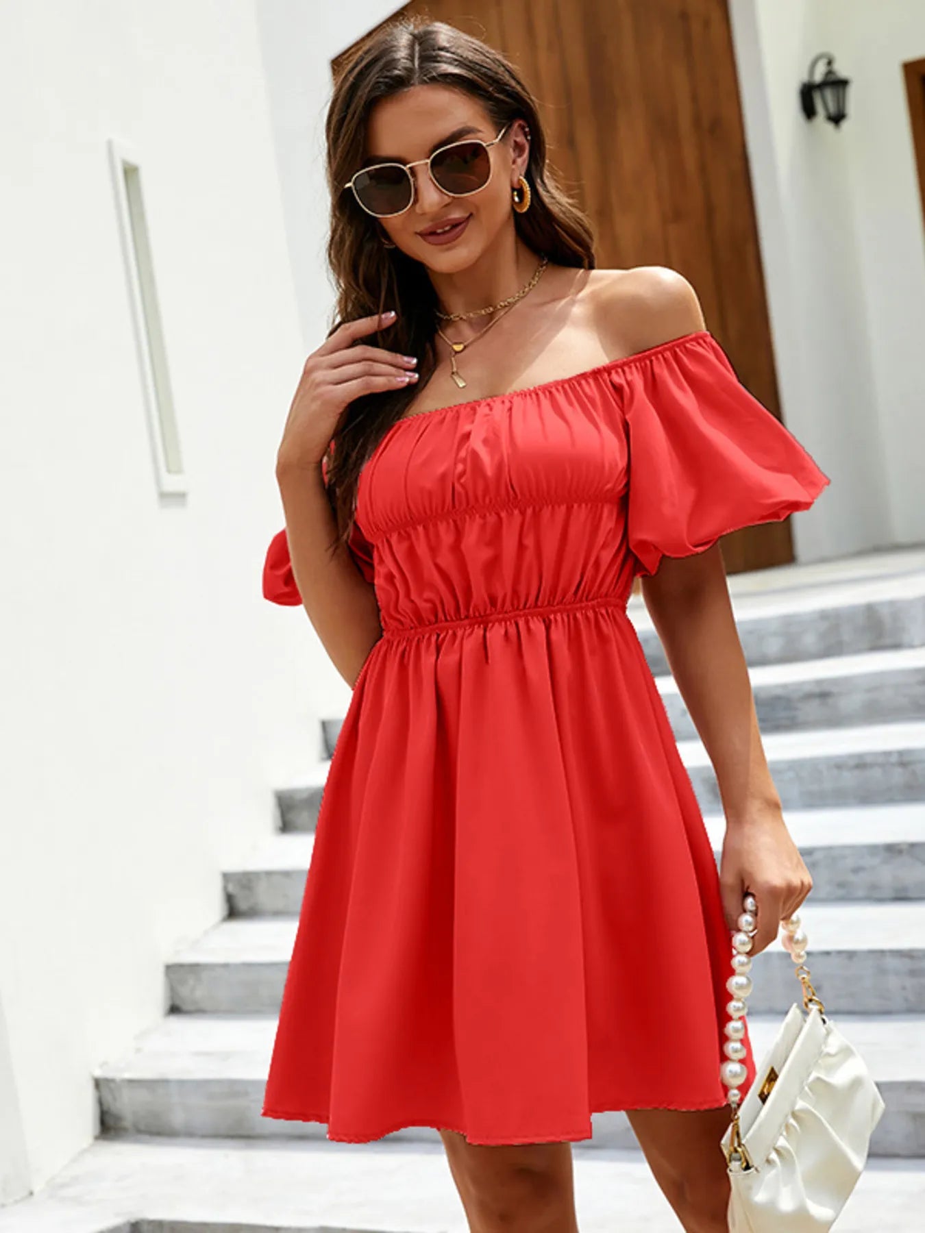 Off-Shoulder Puff Sleeve Mini Dress Deep Red