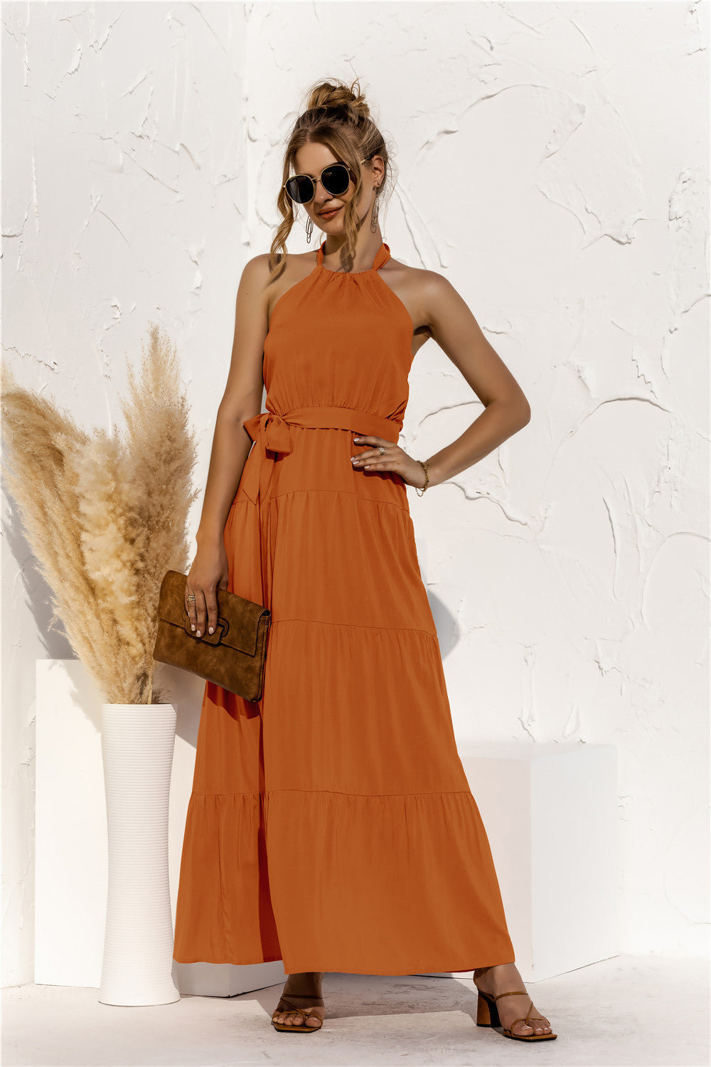 Halter Neck Tie Waist Tiered Maxi Dress Caramel