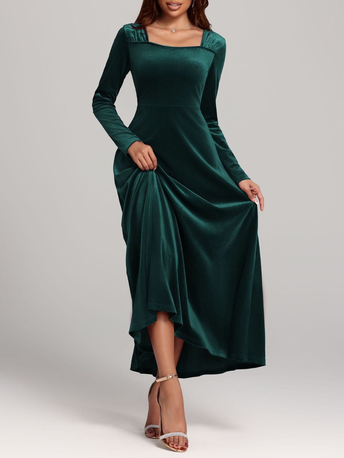 Square Neck Long Sleeve Velvet Dress Dark Green