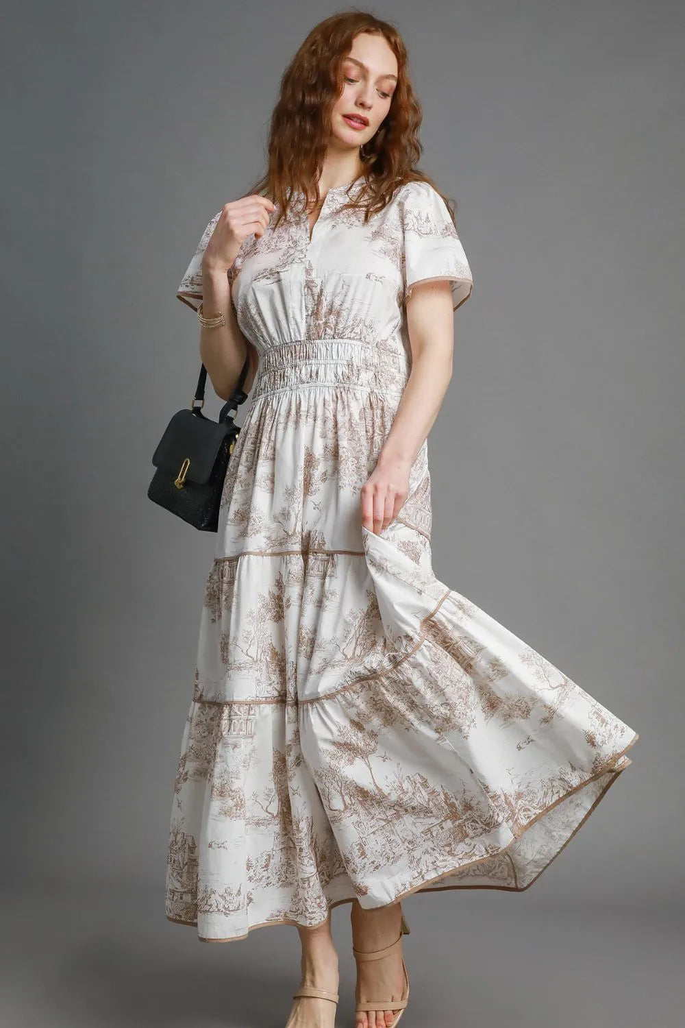 Umgee Full Size Landscape Print Short Sleeve Tiered Maxi Dress Plus Size Camel