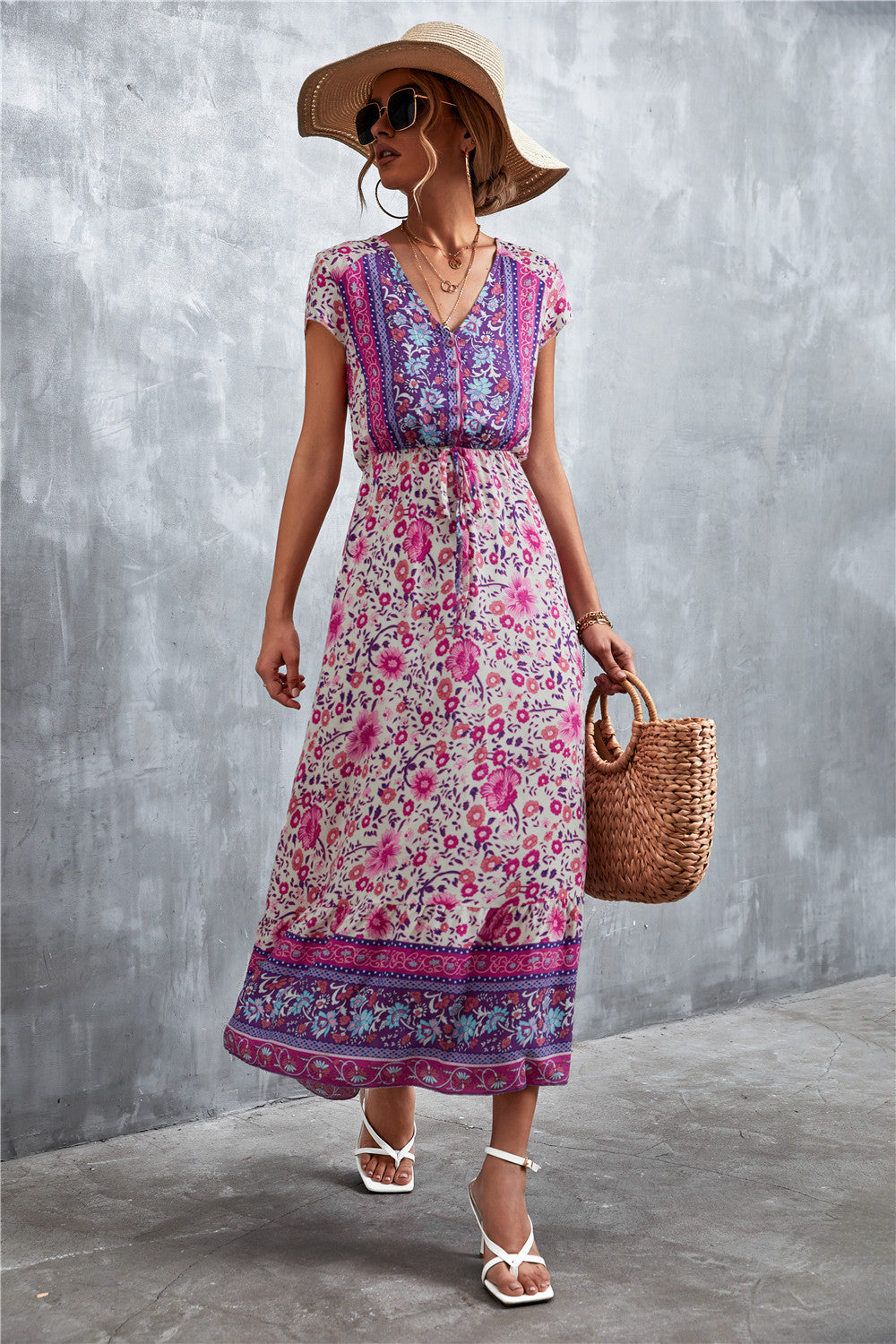V-Neck Short Sleeve Printed Maxi Dress Purple