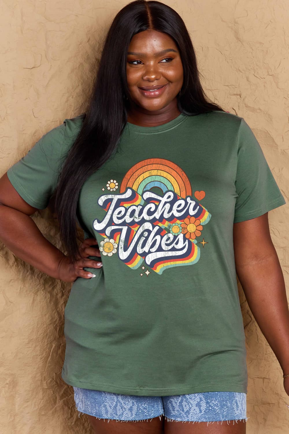 Simply Love Full Size TEACHER VIBES Graphic Cotton T-Shirt Dark Green