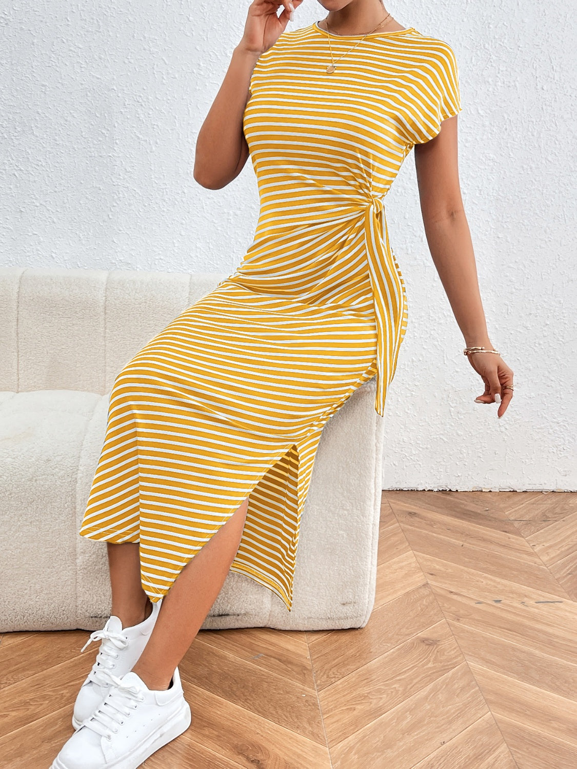 Honey Tied Striped Round Neck Short Sleeve Tee Dress Yellow