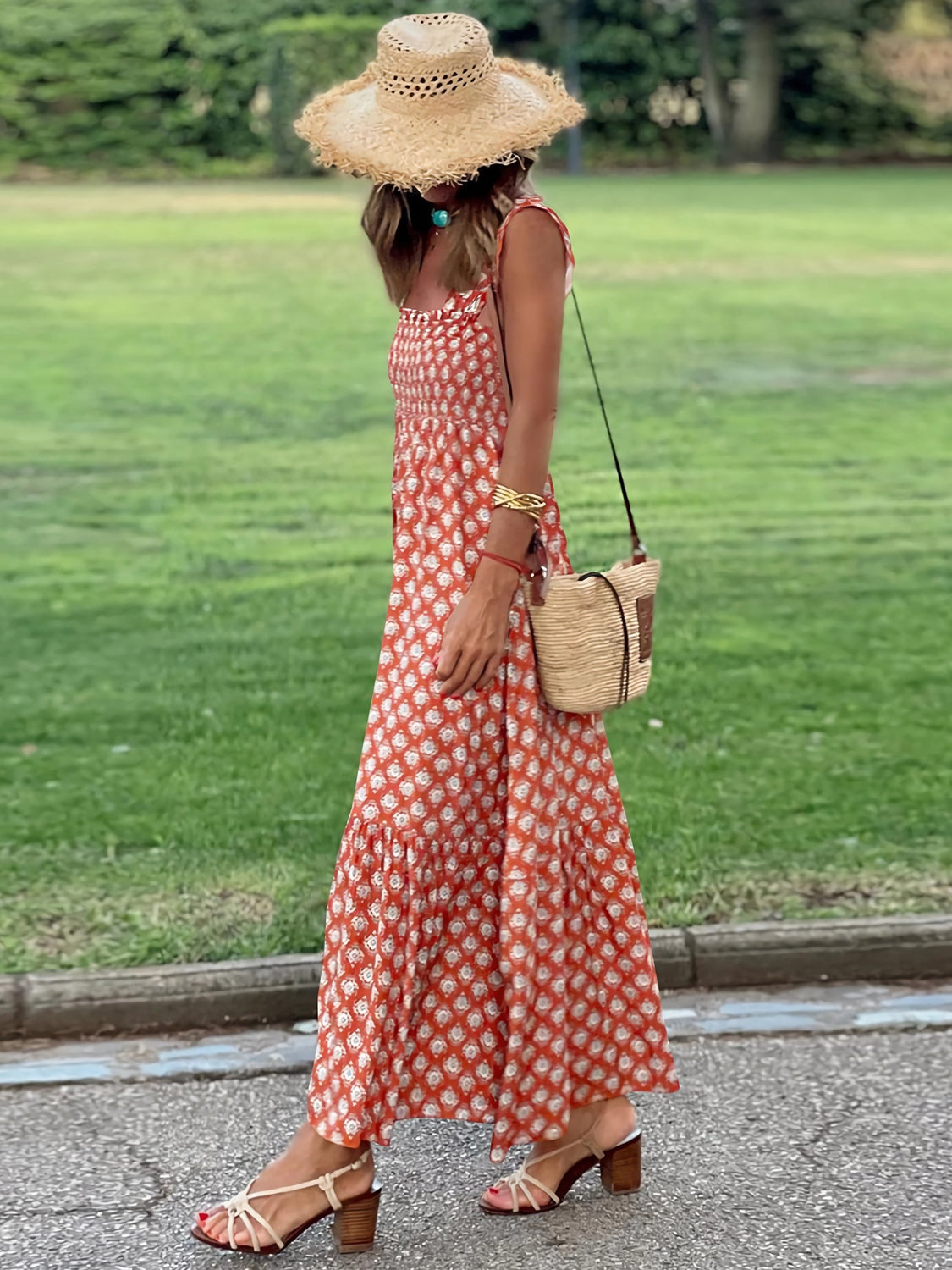 Smocked Printed Square Neck Sleeveless Dress Orange-Red