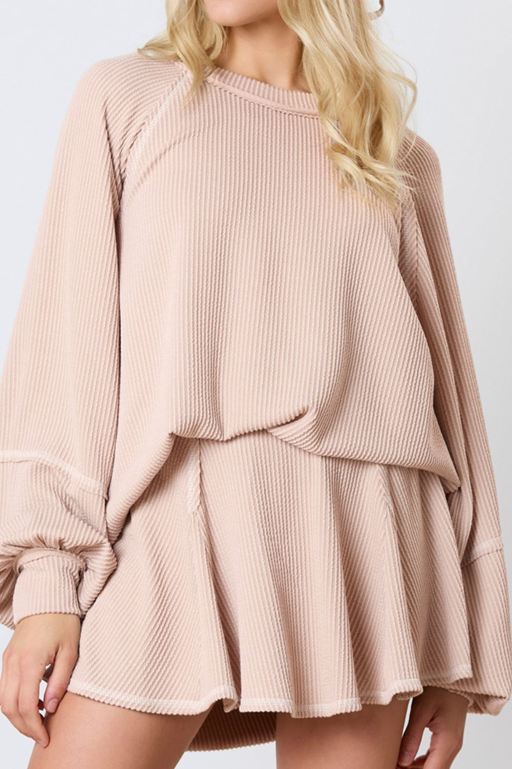 Texture Round Neck Long Sleeve Top and Skirt Set Apricot