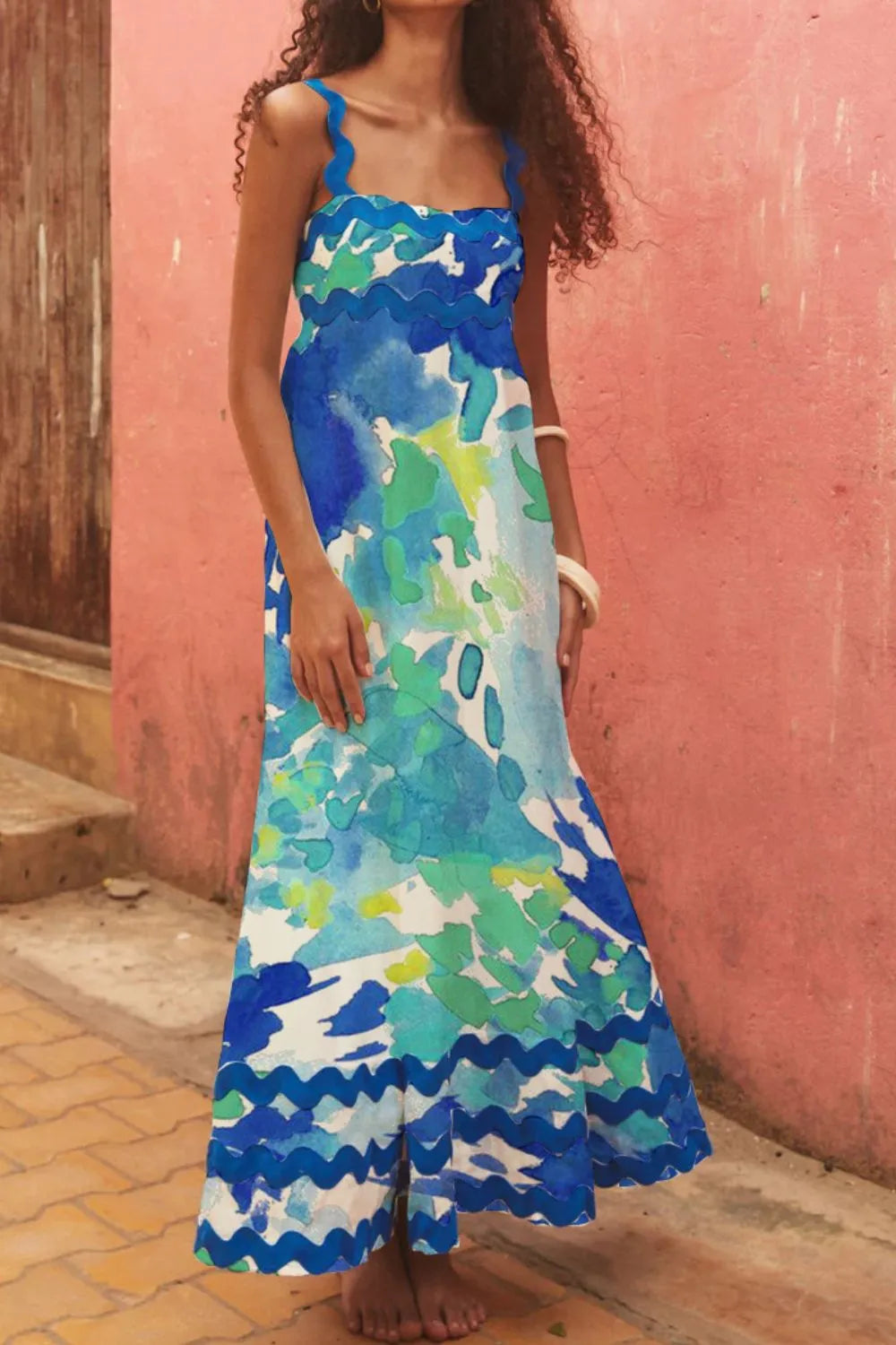 Printed Square Neck Wide Strap Dress Turquoise