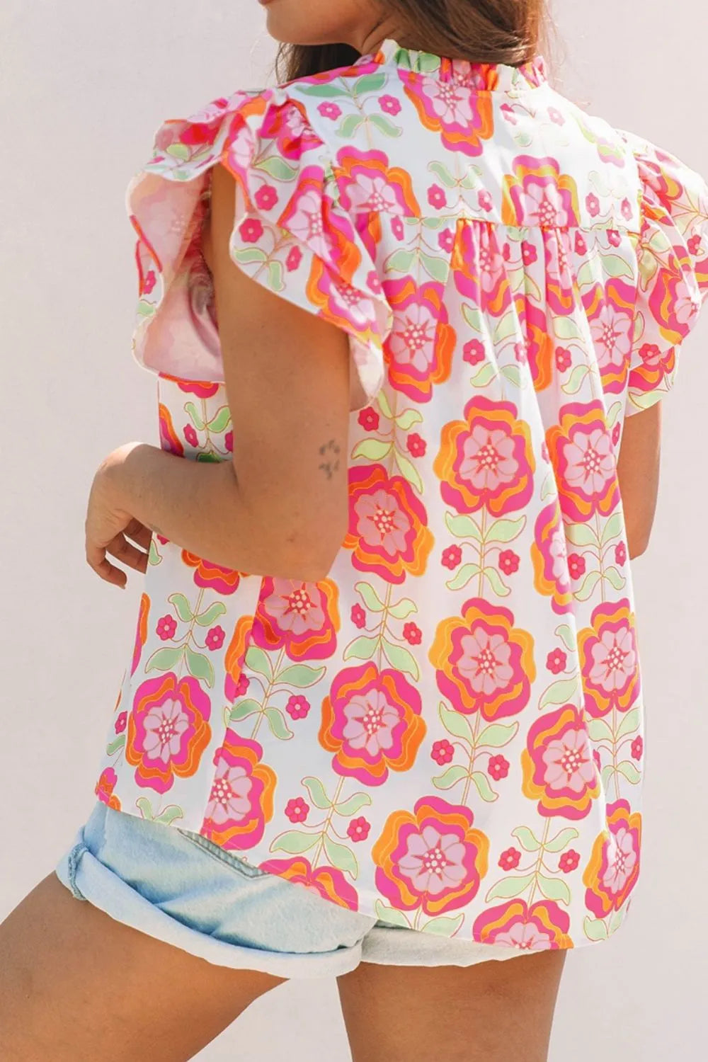 Floral Ruffled Sleeve Ric-Rac Trim Split Neck Loose Blouse