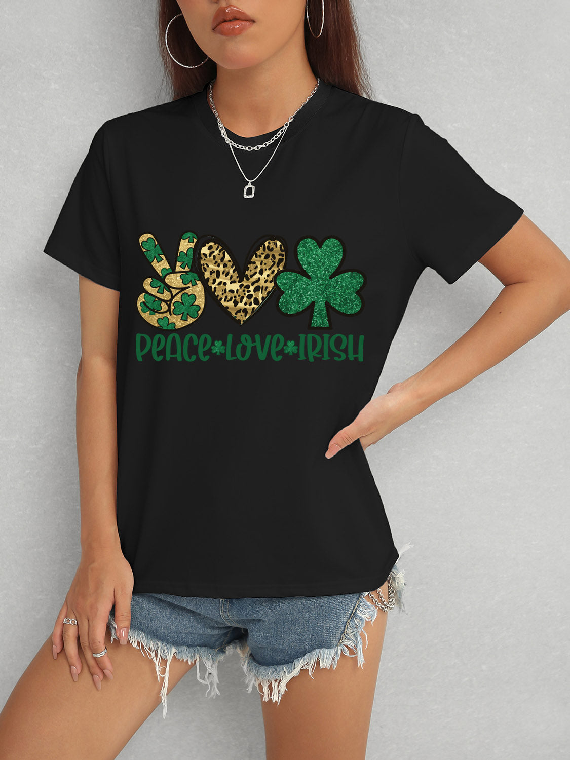 PEACE LOVE IRISH Round Neck Short Sleeve T-Shirt Black
