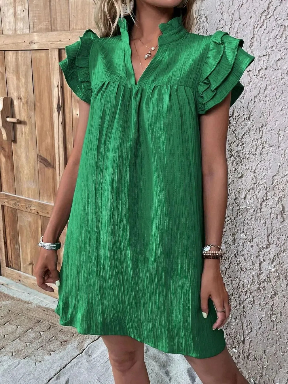 Ruffled Notched Cap Sleeve Mini Dress Green