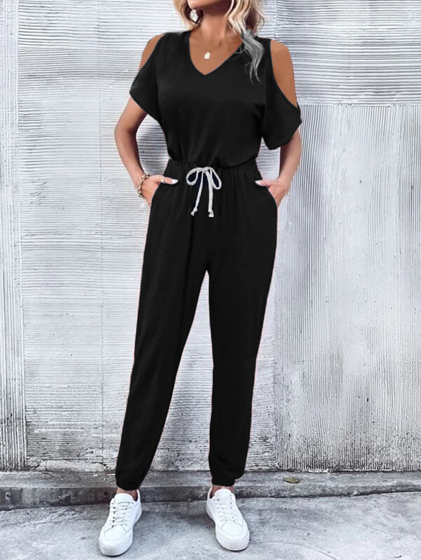 V-Neck Cold-Shoulder Jumpsuit with Pockets Black