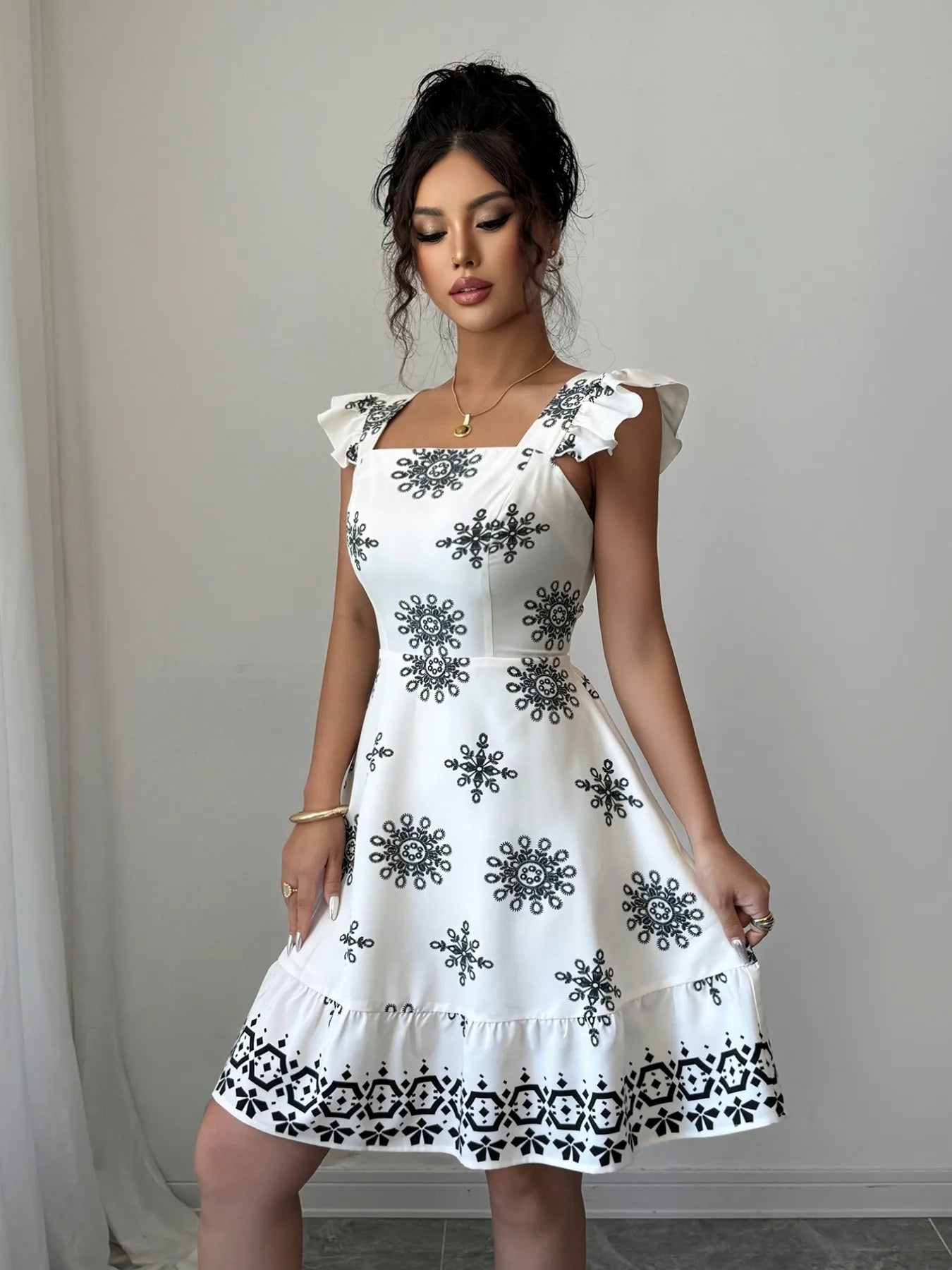 Printed Ruffled Cap Sleeve Dress White
