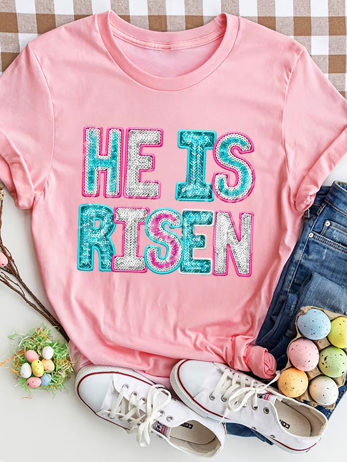 HE IS RISEN Sequin Round Neck T-Shirt Blush Pink