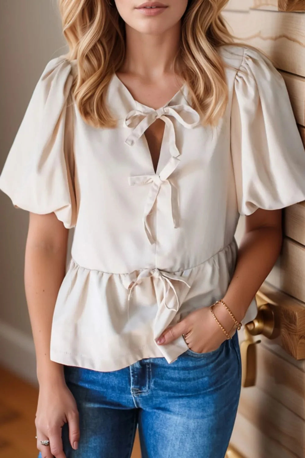 Bow Tie Short Puff Sleeve Ruffle Hem Blouse Eggshell