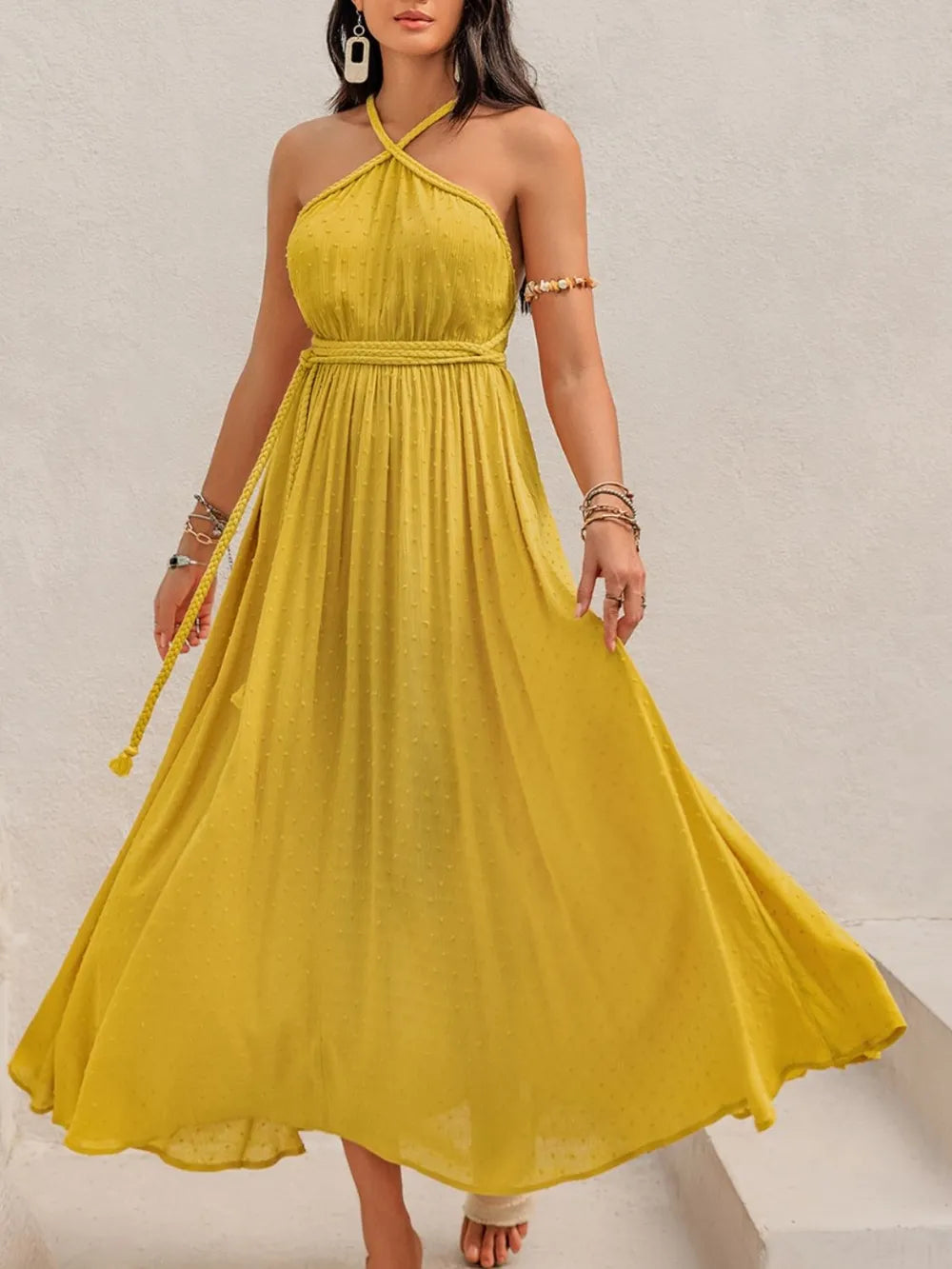 Swiss Dot Backless Sleeveless Maxi Dress Mustard