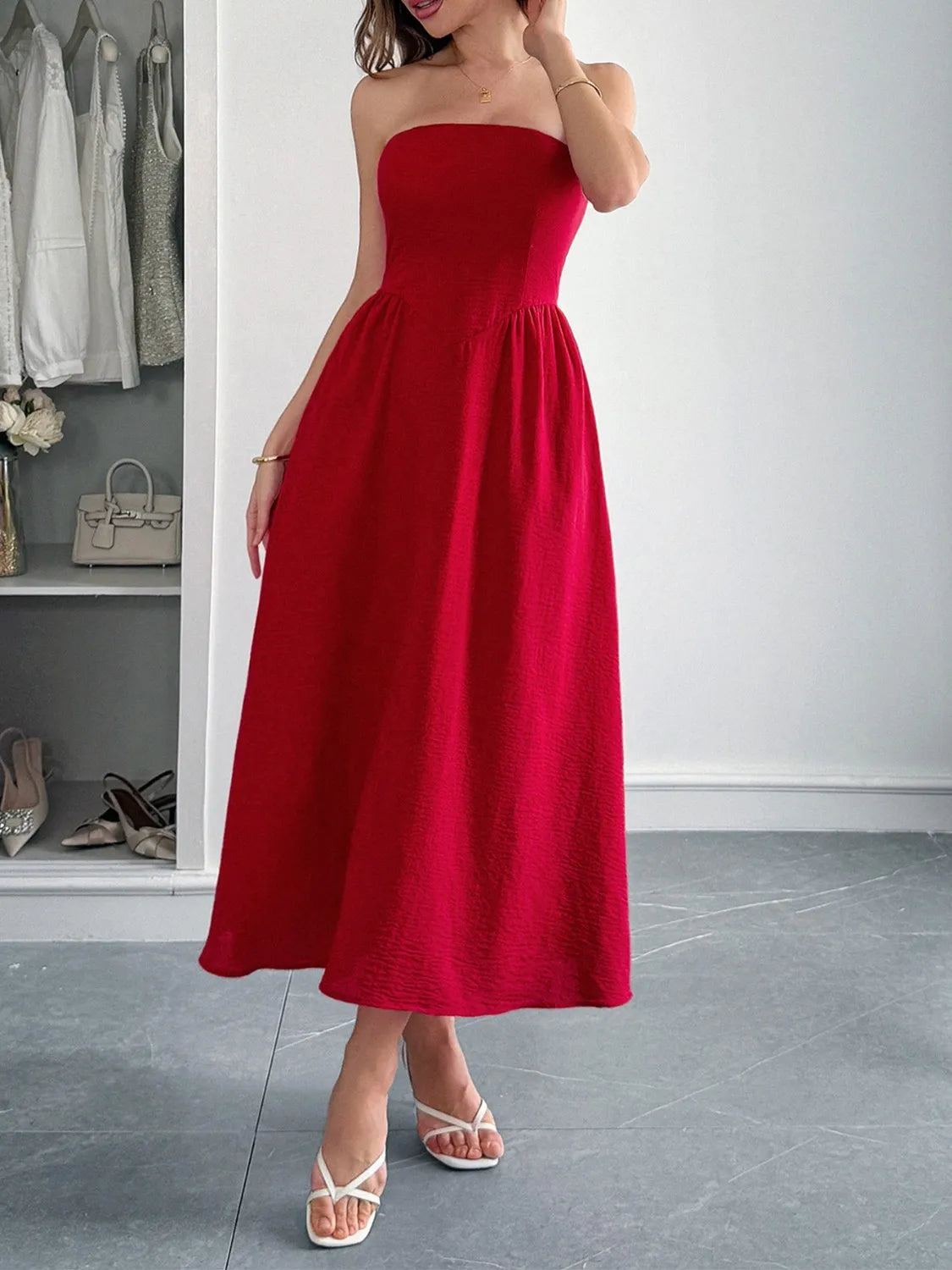 Strapless A-Line Midi Dress with Pockets Scarlet