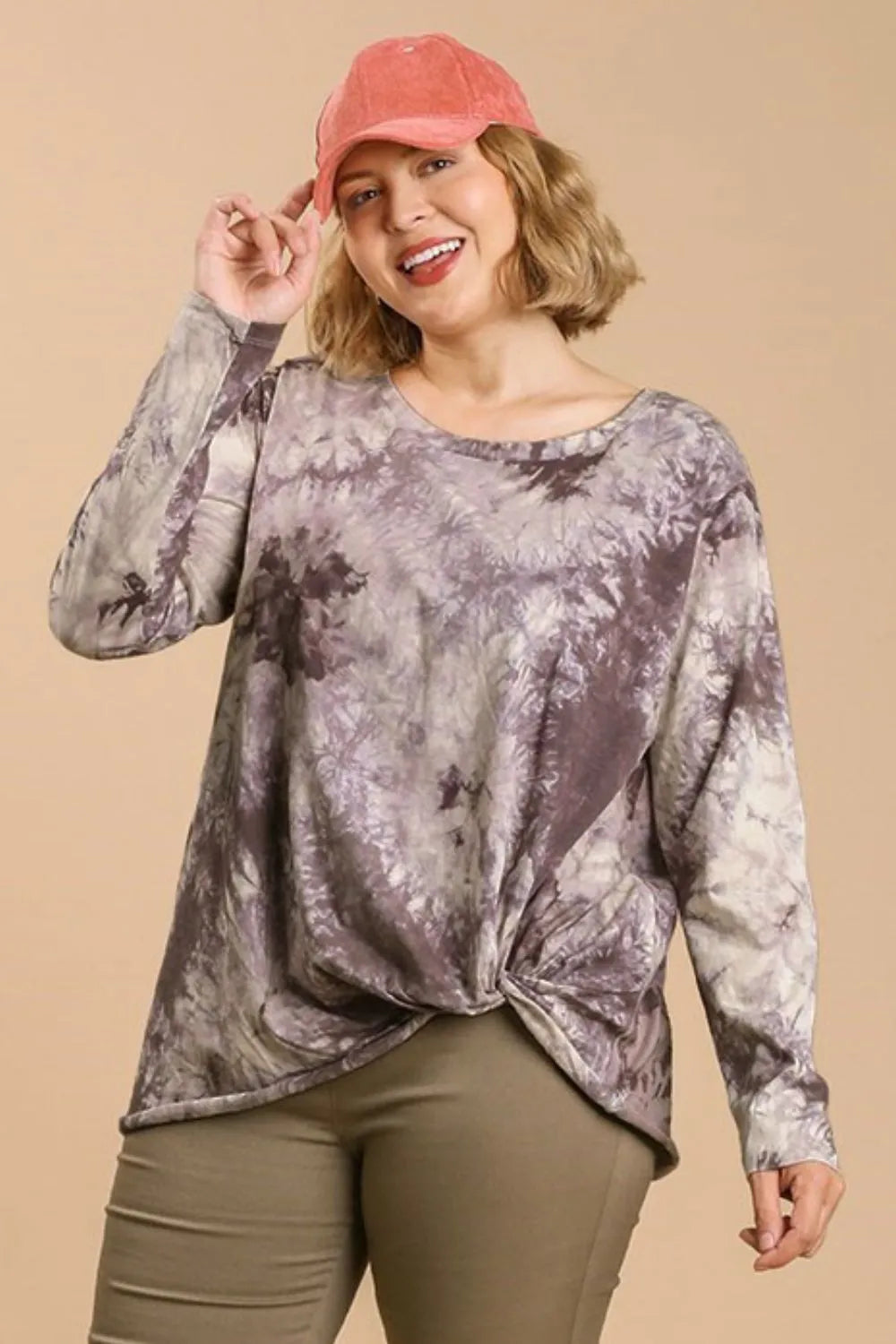 Umgee Full Size Tie Dye Front Gathered Detail Round Neck Long Sleeve T-Shirt Plus Size