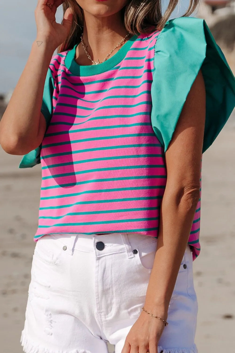 Striped Round Neck Cap Sleeve Blouse
