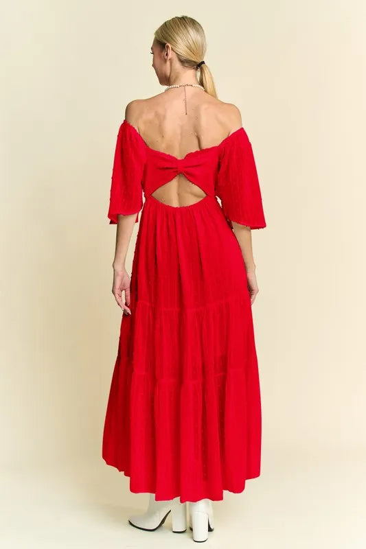 Davi & Dani Swiss Dotted Ruched Ruffle Open Back Midi Dress