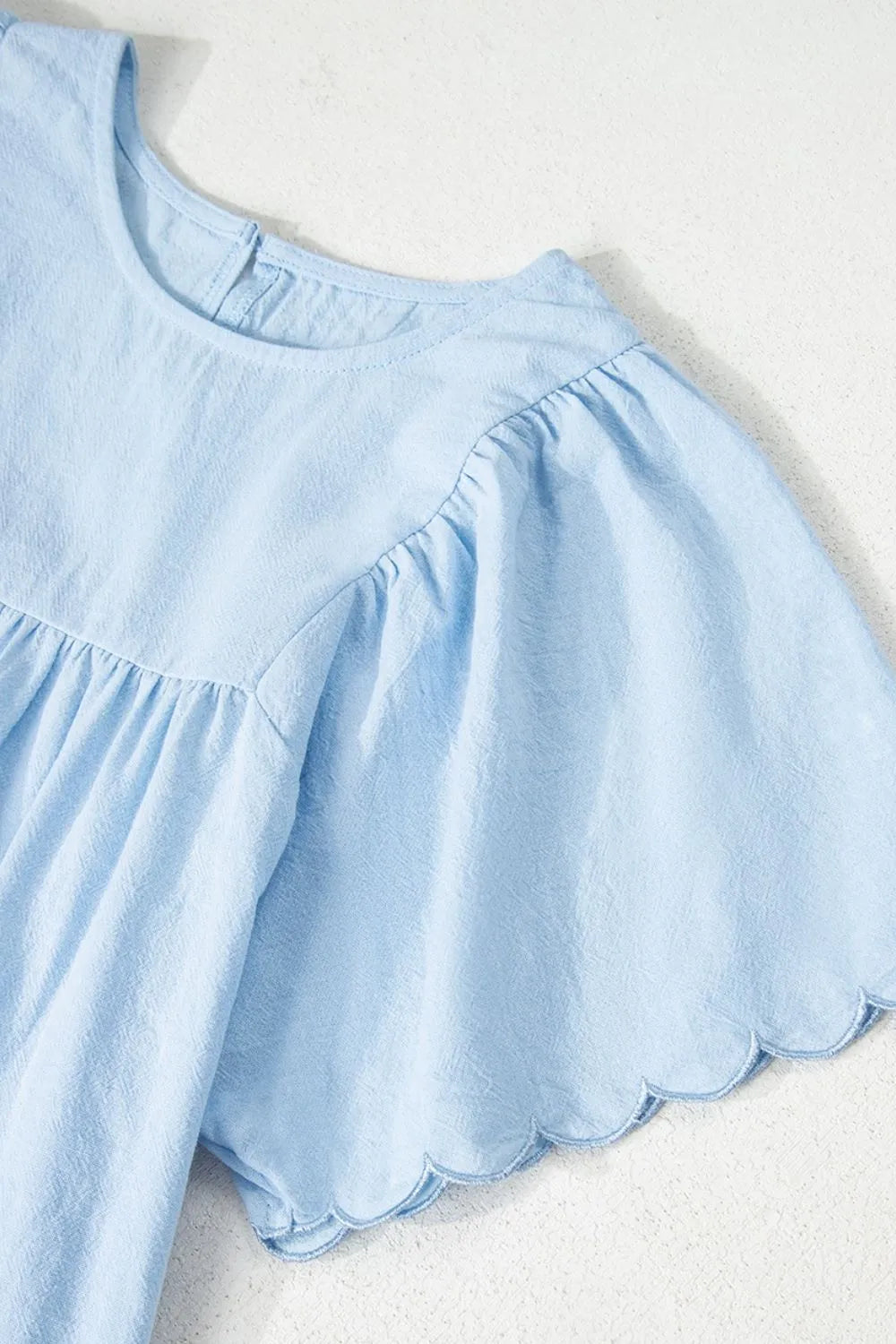 Solid Color Embroidered Scalloped Sleeves Crew Neck Blouse