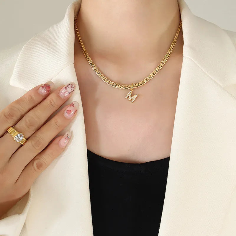 Brass Inlaid Zircon Letter Pendant Necklace Style M One Size