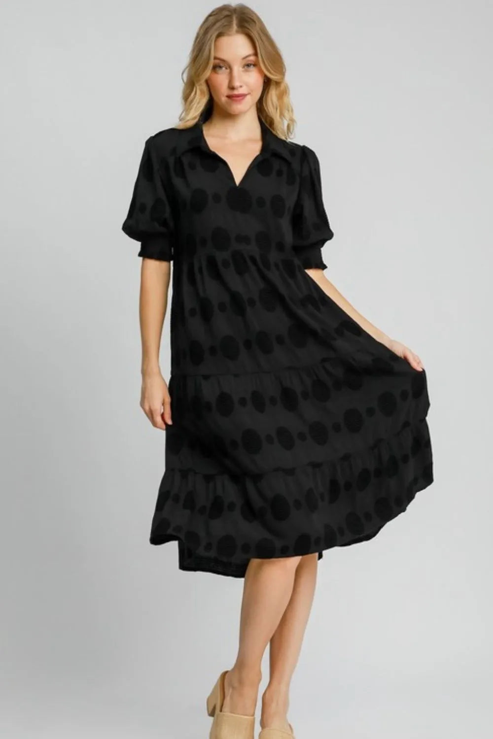 Umgee Full Size Swiss Dot Jacquard Tiered Midi Dress Plus Size Black