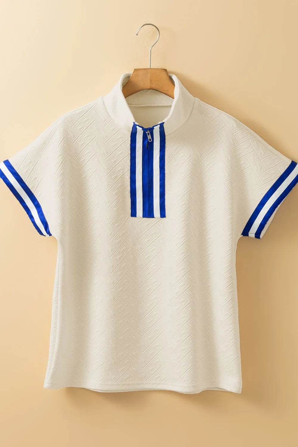 Striped Trim Textured Quarter Zipper Short Sleeve Top