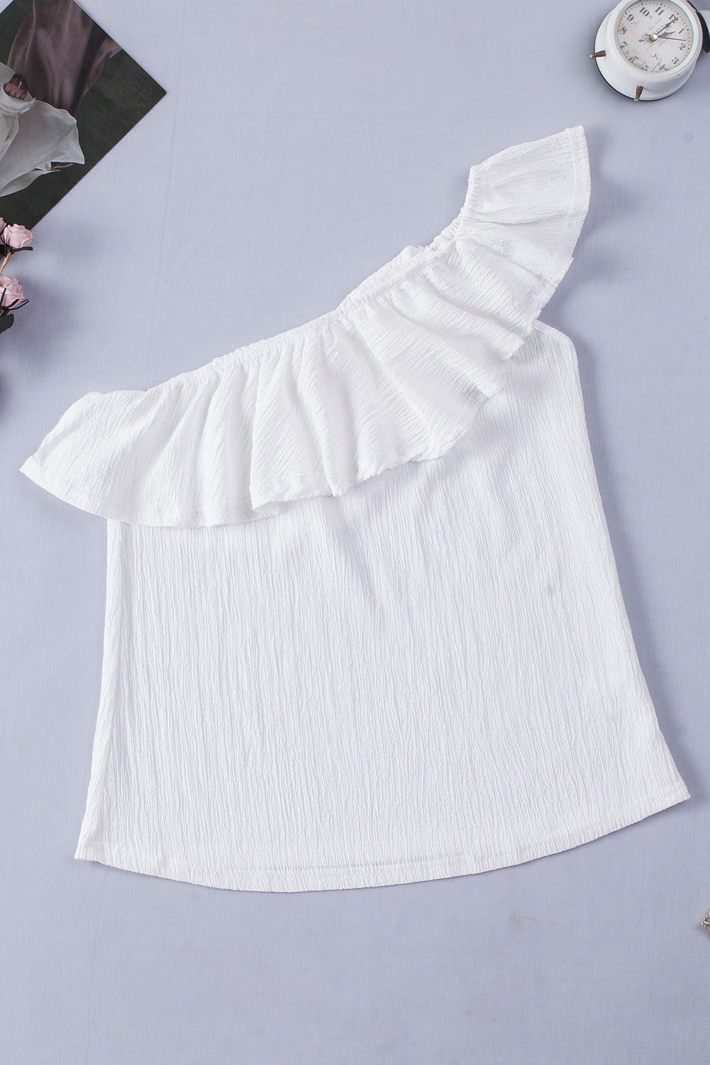 Ruffled One-Shoulder Tank White